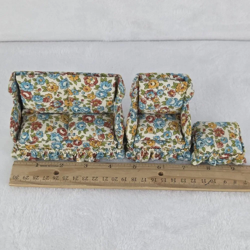 Vintage Dollhouse Living Room Furniture Sofa Chair Ottoman Floral Upholstery